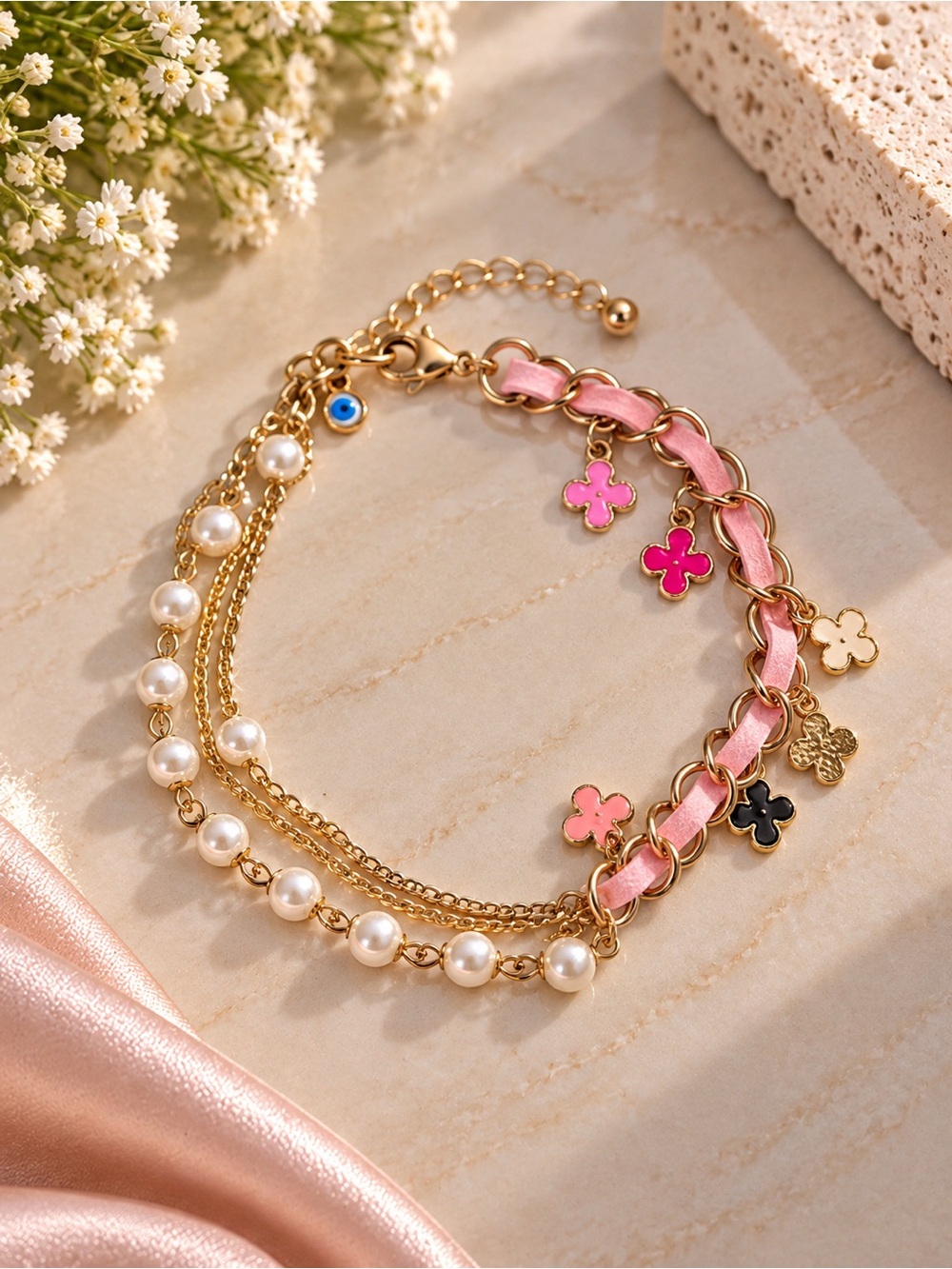 Gold Chain Bracelet with Pink Ribbon and Pearl Accents